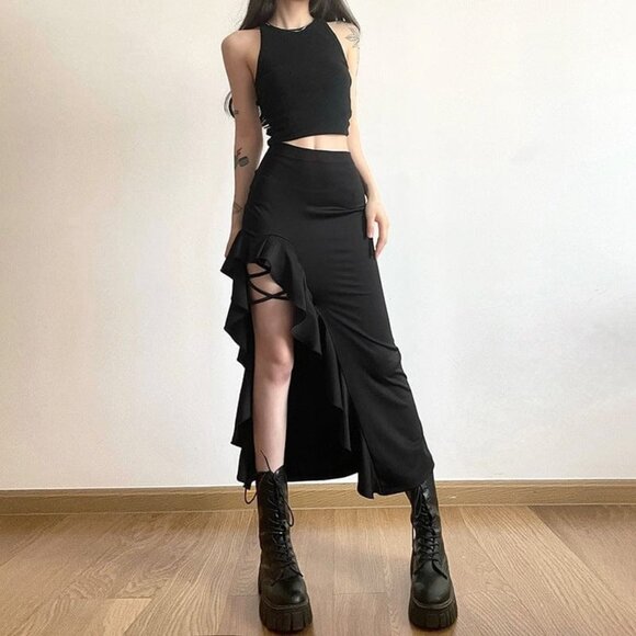 Punk Rock Ruffled Split Skirt Large Goth Gothic Grunge Sexy Halloween Black - Picture 1 of 8